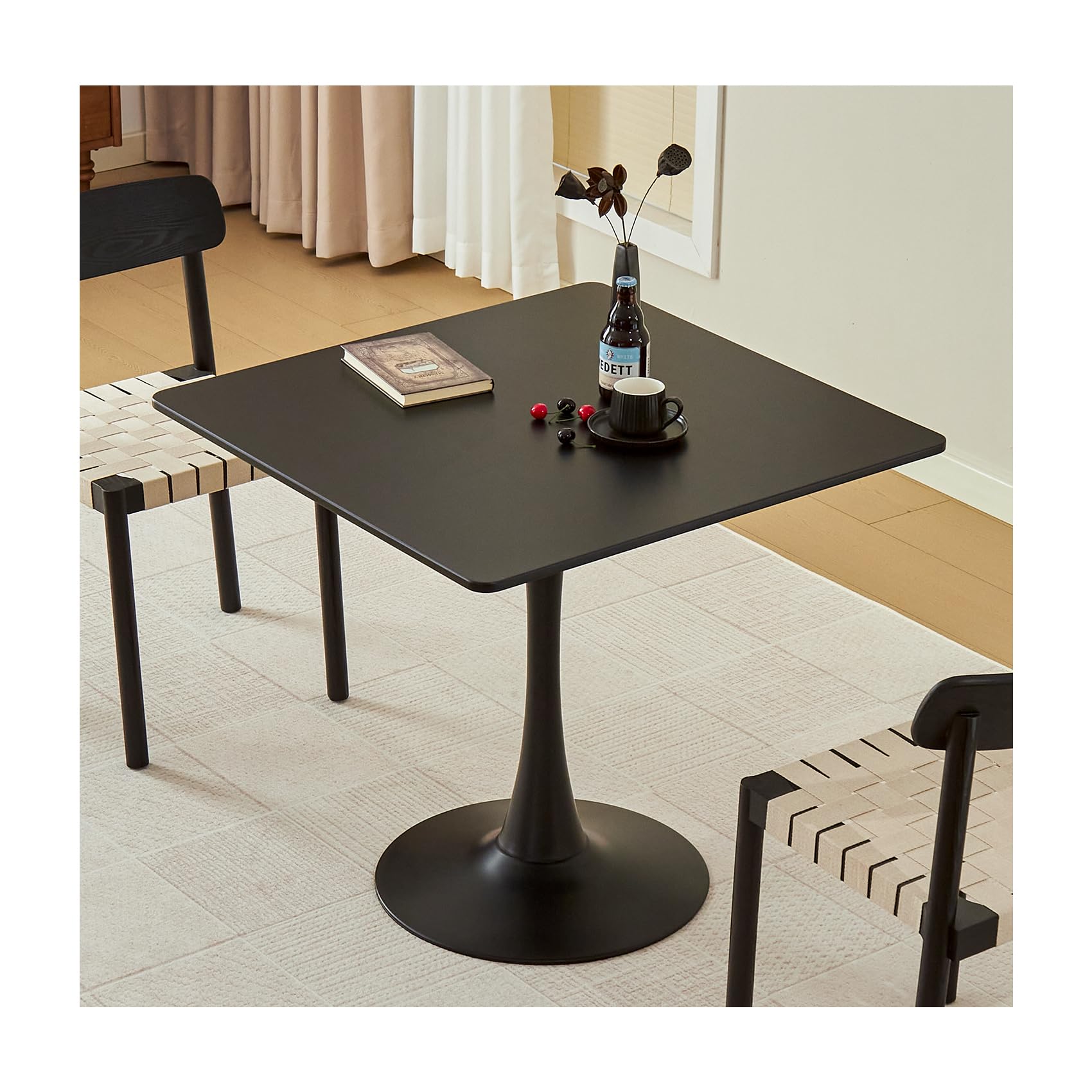 Square Dining Table, 31.5" Tulip Table with Thickened Tabletop & Metal Pedestal, Mid Century Modern Bistro Table for Kitchen, Small Places, Living Room, Cafe (Black)