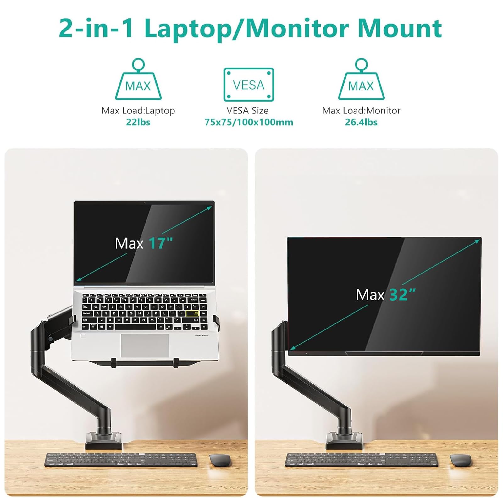Single Arm Laptop and Monitor Desk Mount for 17" Notebook and Up to 32" Screen, 2-in-1 Adjustable Monitor Arm with Laptop Tray, VESA 75x75 100x100,Holds 22-26.4 lbs, Black (GSMP001NLP)