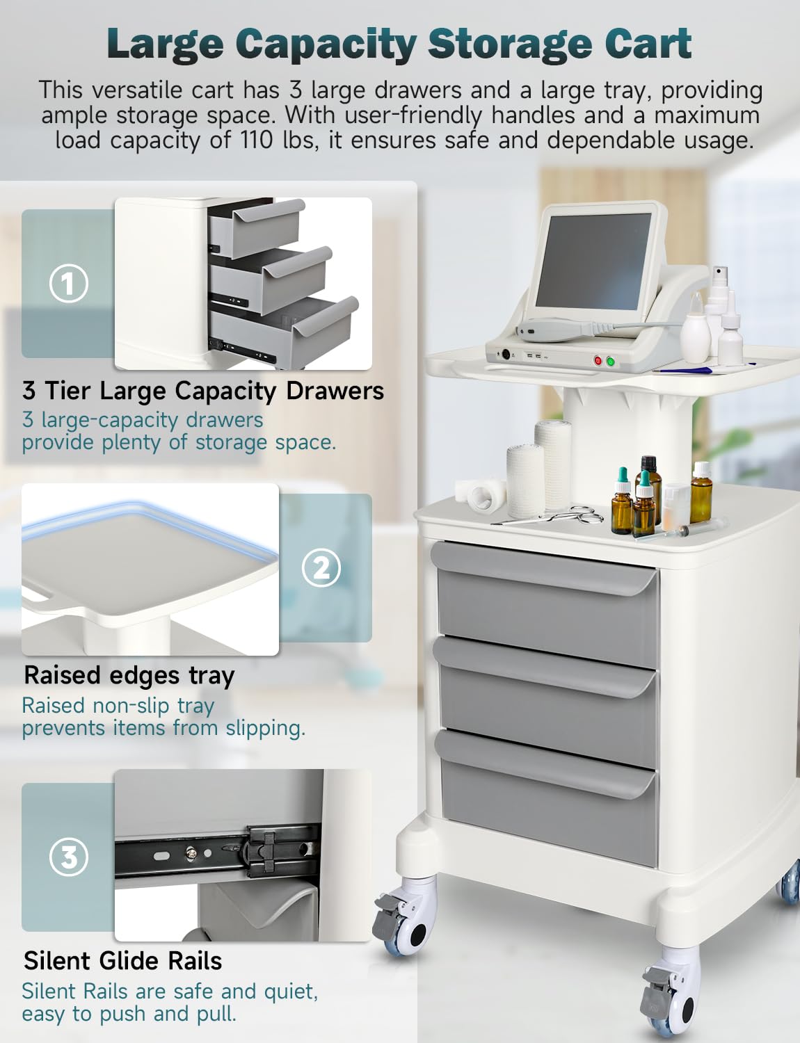 Mobile Trolley Cart for Portable Ultrasound Imaging Scanner Vehicle Trolley Beauty Storage Cart 115 LBS Load with 3 Drawers 4 Wheels for Hospital Office Bedroom Clinic