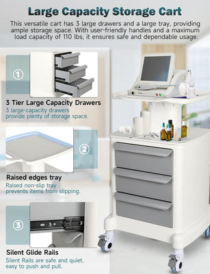 Mobile Trolley Cart for Portable Ultrasound Imaging Scanner Vehicle Trolley Beauty Storage Cart 115 LBS Load with 3 Drawers 4 Wheels for Hospital Office Bedroom Clinic