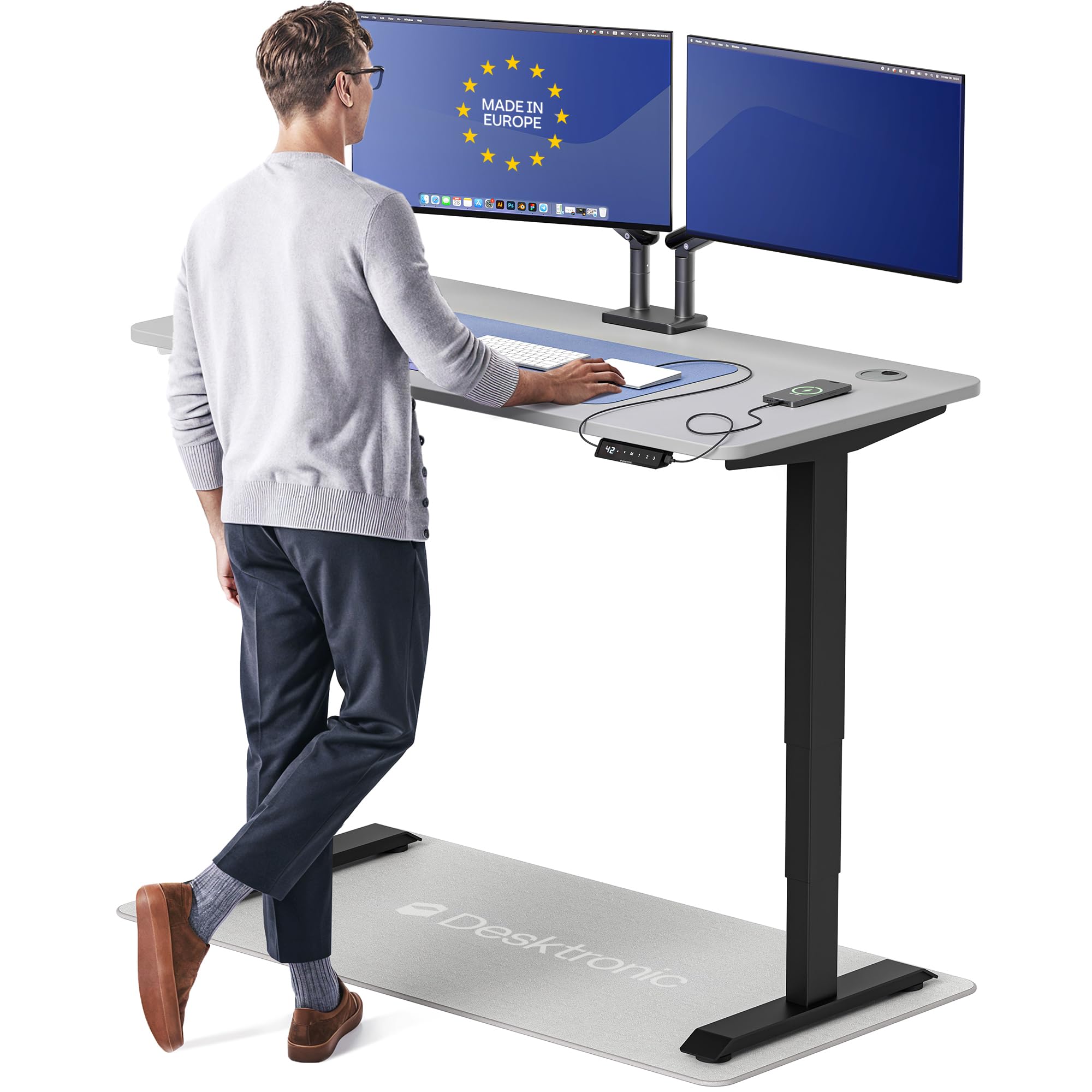 HomePro Standing Desk 54x28 — Made in Europe, Ergonomic Sit Stand Home Office Desk, Electric Height Adjustable, Dual Motor, USB & USB-C Charging, Wobble-Free, Touchscreen, 3 Memory Presets