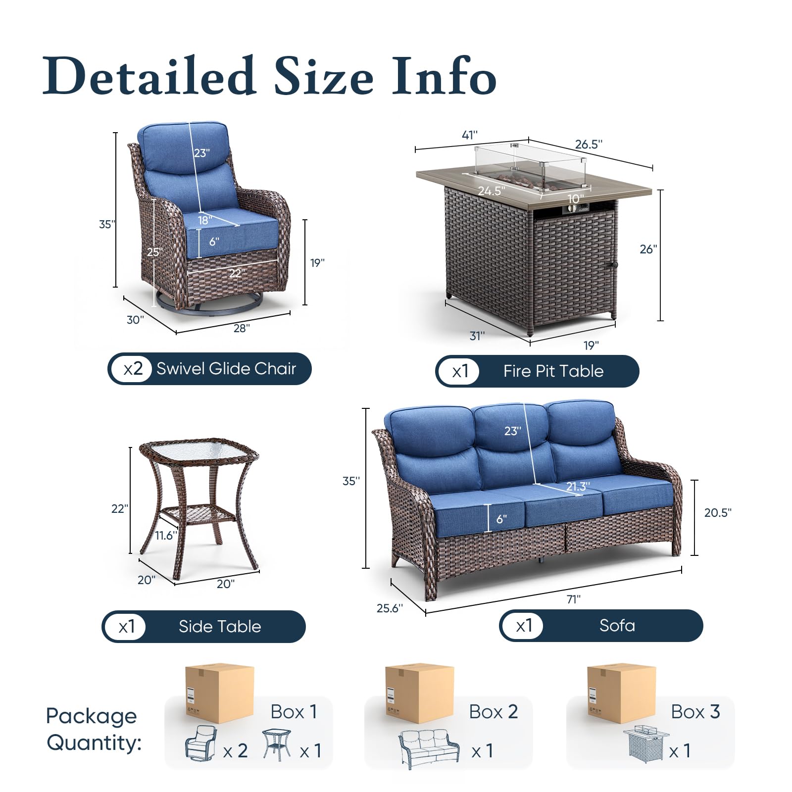 Luxury 6" Thick Cushioned 5 Pieces Patio Furniture Set with Fire Pit Table, Wicker Outdoor Conversation Set with High Back Swivel Rocker Chairs for Deck Porch Yard and Poolside - Brown+Blue
