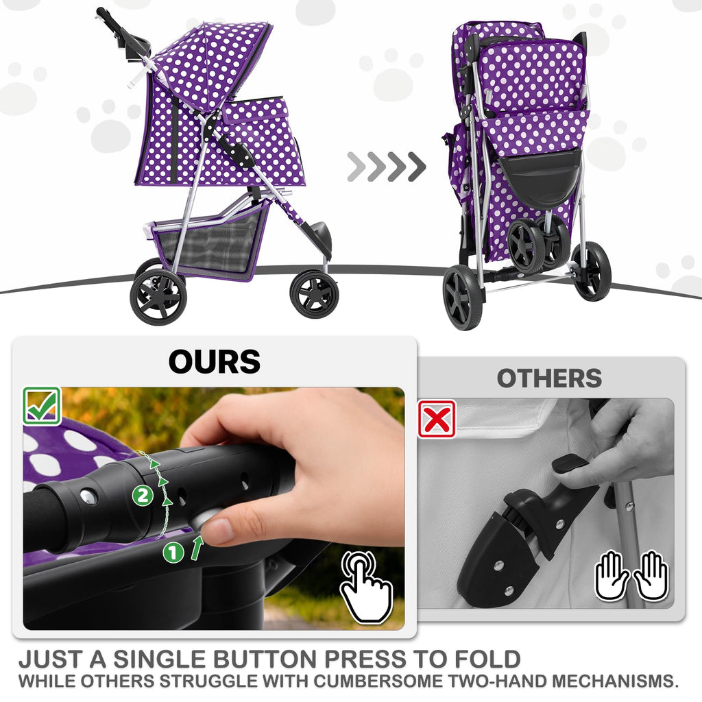 3 Wheels Pet Dog Cat Stroller for Small Medium Dogs Cats, Foldable Jogger Stroller w/Storage Basket and Cup Holder, Purple Polka Dots