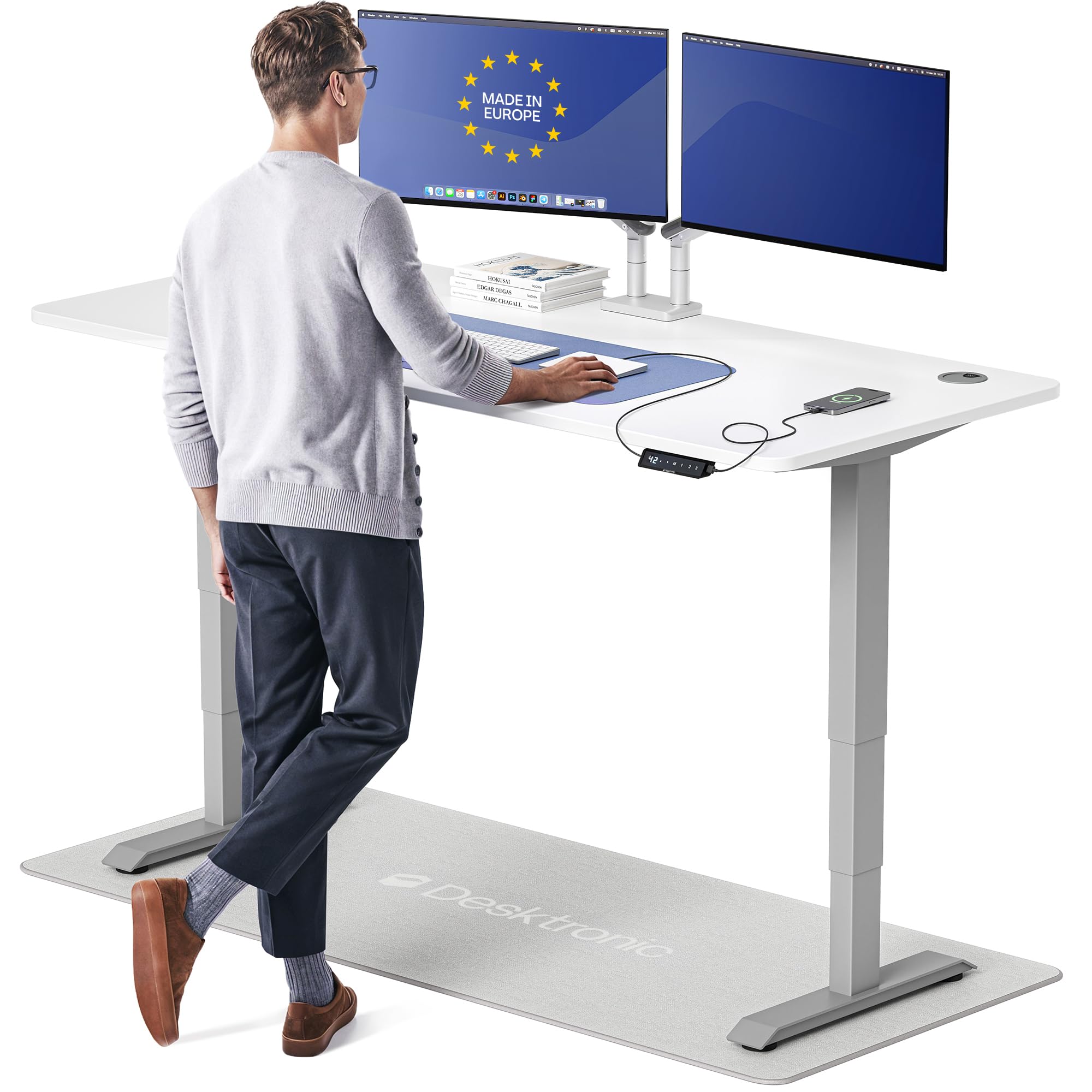 HomePro Standing Desk 70x30 — Made in Europe, Ergonomic Sit Stand Home Office Desk, Electric Height Adjustable, Dual Motor, USB & USB-C Charging, Wobble-Free, Touchscreen, 3 Memory Presets