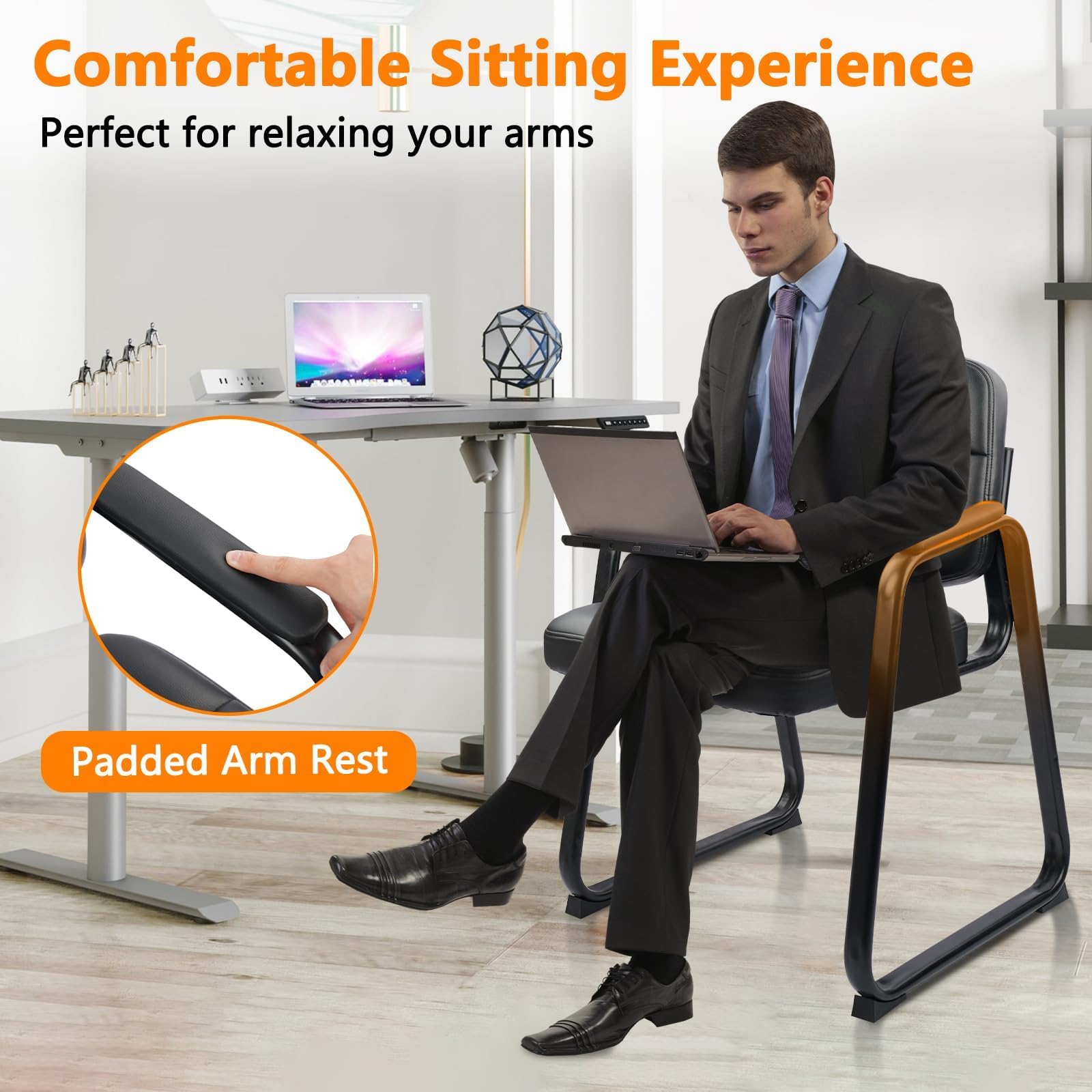 6 Pack, Waiting Room Guest Chair with Bonded Leather Padded Arm Rest for Office Reception and Conference Desk Black with Sled Base