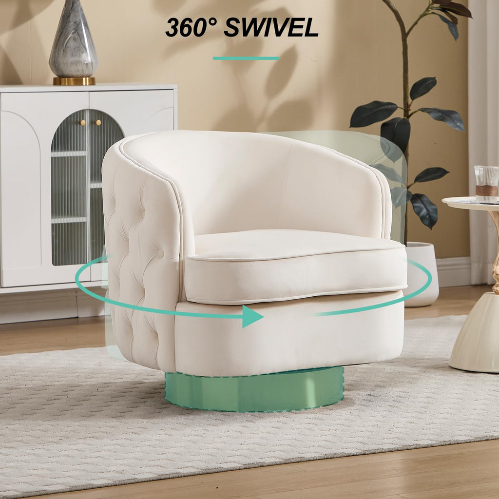Modern Accent Chair, Swivel Barrel Armchair for Living Room, Button Tufted Velvet Comfy Chairs, Round Upholstered Single Sofa Seating with Gold Base, White