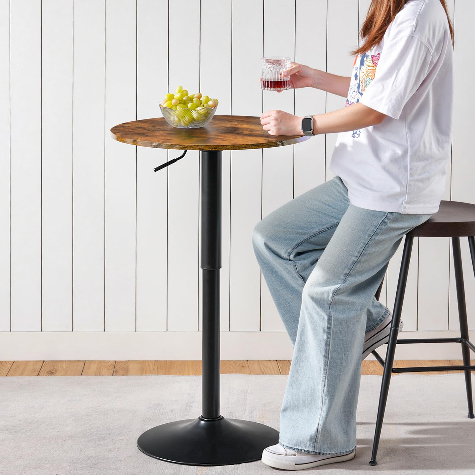 2 Pcs Bar Table, Height-Adjustable Round Pub Table 27-35.4 Inches with Sturdy Base, Modern Style, Easy to Assemble, Suitable for Small Space, Rustic Brown and Black