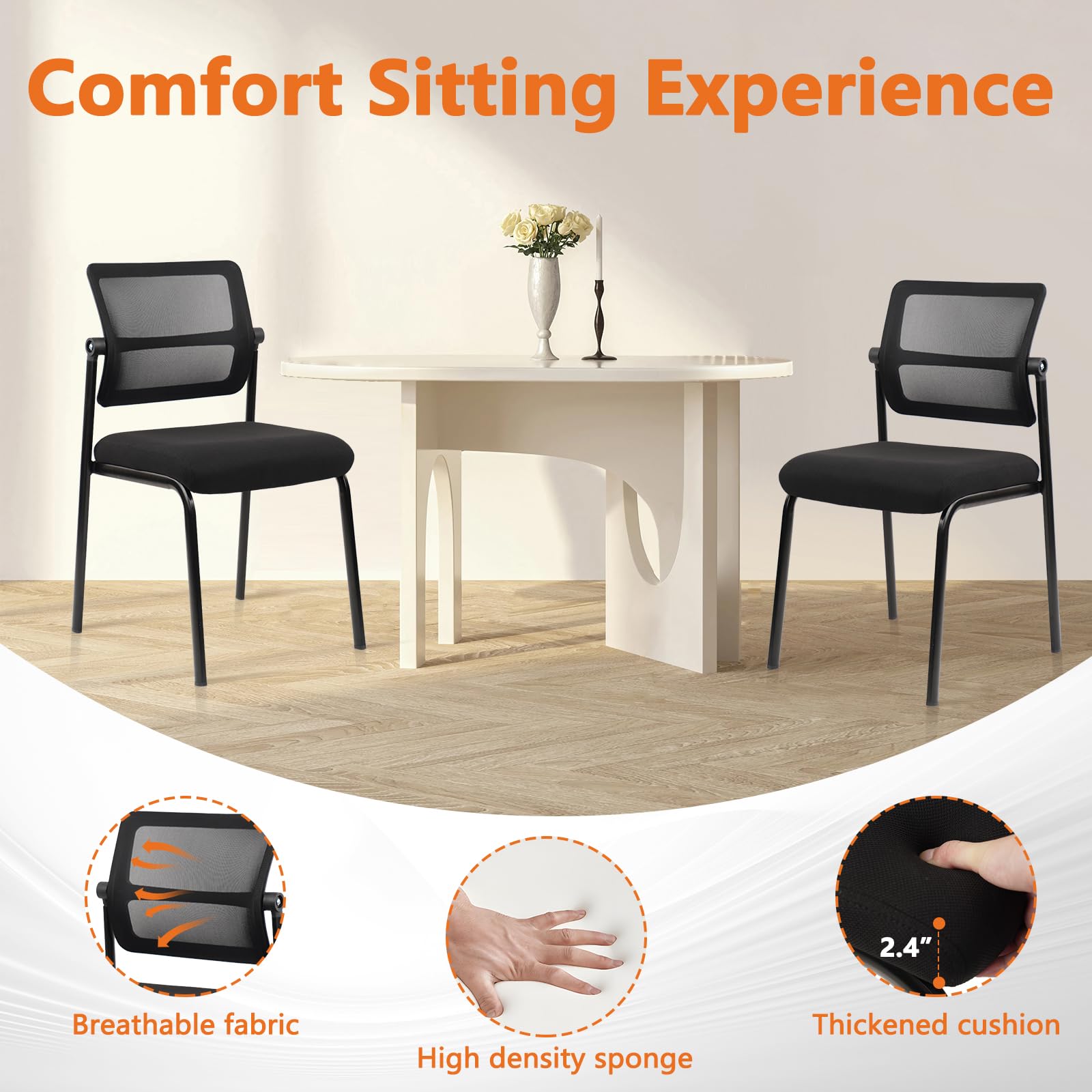 Stacking Armless Office Waiting Room Chair with Adjustable Backrest, Stackable Mesh Guest Reception Desk Chairs with Ergonomic