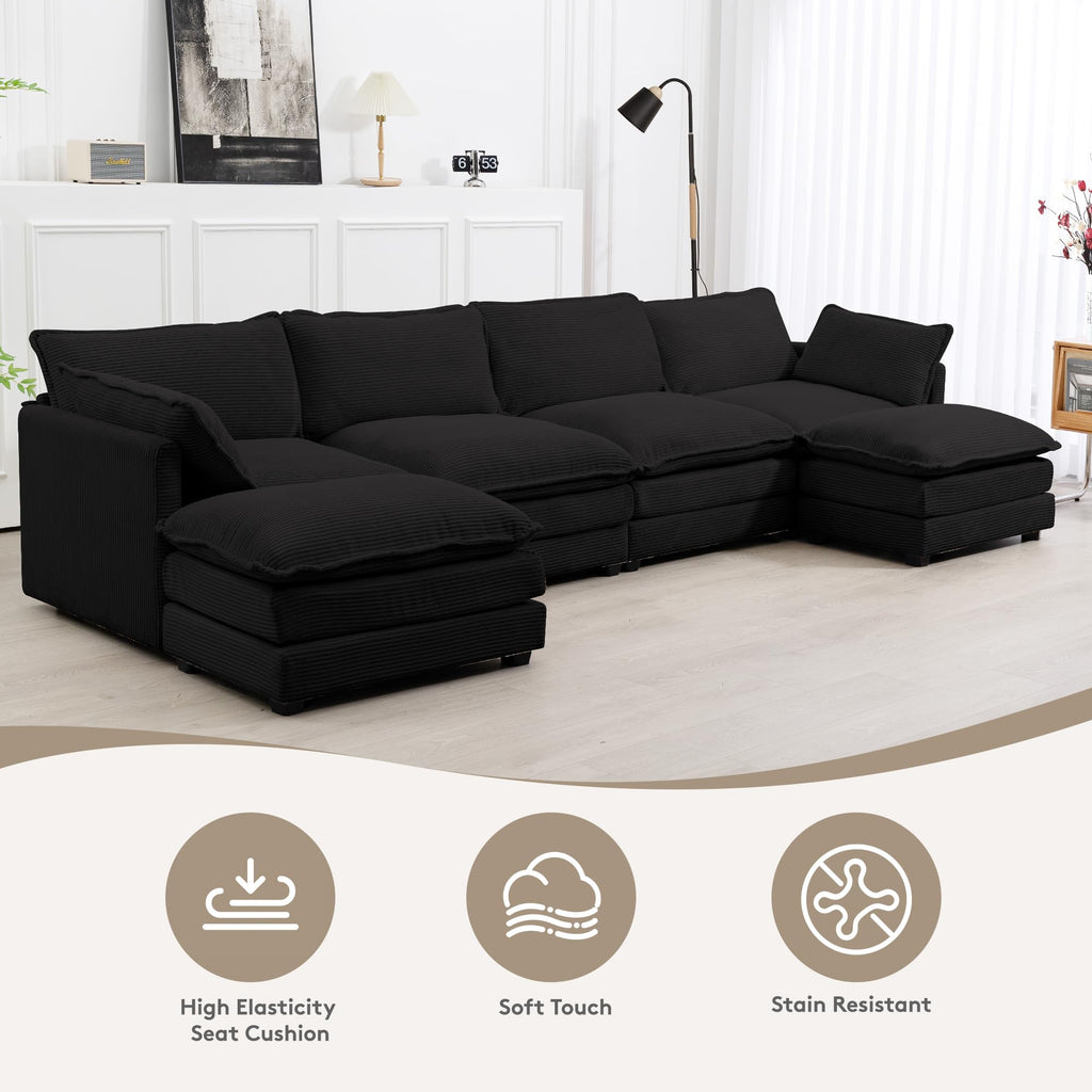 148'' Sectional Cloud Couch with 2 Ottomans, Oversized 4 Seat Sleeper Sofa with 2 Throw Pillows, Convertible Upholstered U Shaped Cozy Sofa Furniture Set for Living Room and Office, Black