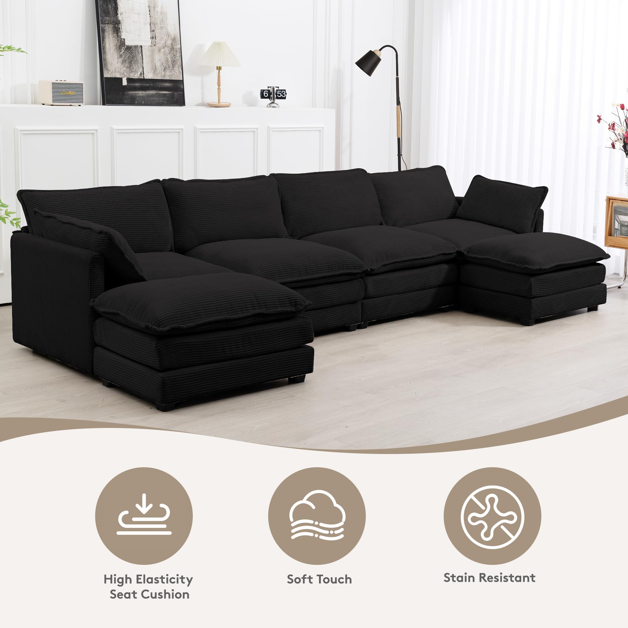 148'' Sectional Cloud Couch with 2 Ottomans, Oversized 4 Seat Sleeper Sofa with 2 Throw Pillows, Convertible Upholstered U Shaped Cozy Sofa Furniture Set for Living Room and Office, Black