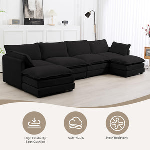148'' Sectional Cloud Couch with 2 Ottomans, Oversized 4 Seat Sleeper Sofa with 2 Throw Pillows, Convertible Upholstered U Shaped Cozy Sofa Furniture Set for Living Room and Office, Black