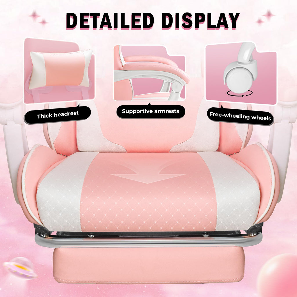 Gaming Chair, Video Game Chair with Footrest and Massage Lumbar Support, Ergonomic Computer Chair Height Adjustable with Swivel Seat and Headrest (Pink)