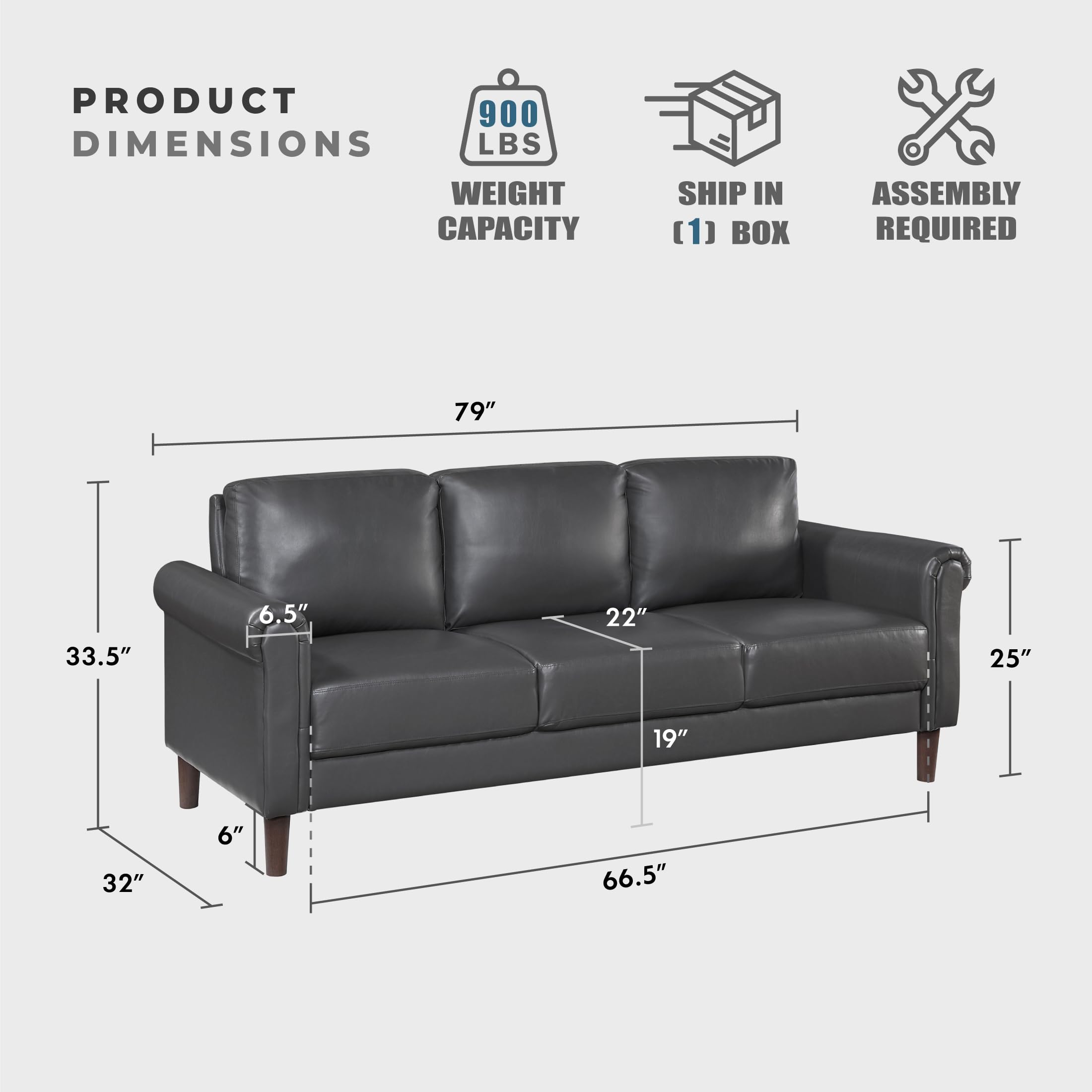 79" W Sofa Couch, Faux Leather Upholstered 3-Seater with Rolled Arms & Wood-Look Feet, Pocket Coil Support, Traditional Living Room, Office or Waiting Room Seating - Dark Gray