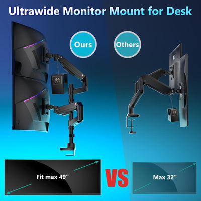 Dual Monitor Mount for Ultrawide Heavy Duty Curved Monitor Stacking, Dual Monitor Arms Fits 13-49 Inch for Ultrawide Screens up to 44lbs, 49 inch Monitor Arm, Black