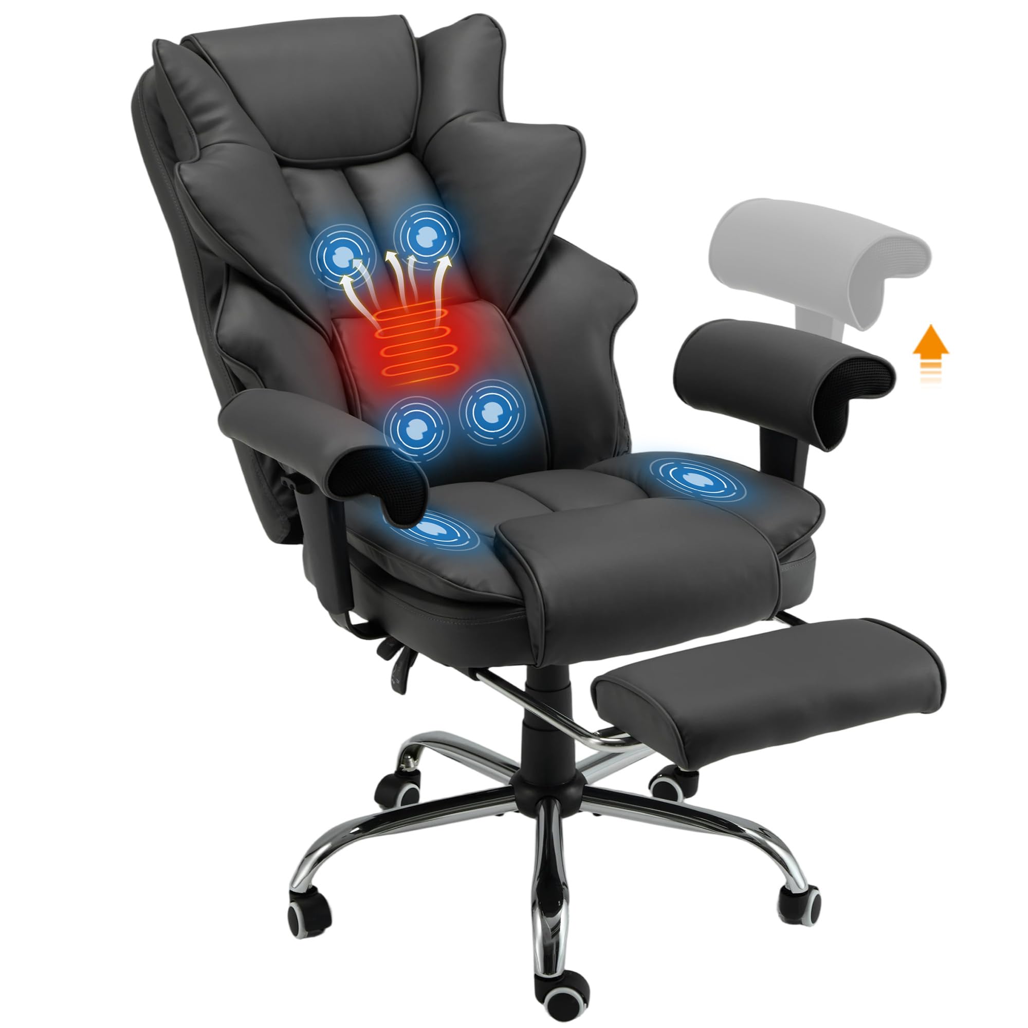 Ergonomic Executive Office Chair with 6-Point Vibration & Heat - Reclining Managerial Chair with Adjustable Footrest and Armrests,Big and Tall Leather Home Office Desk Chairs(Black)