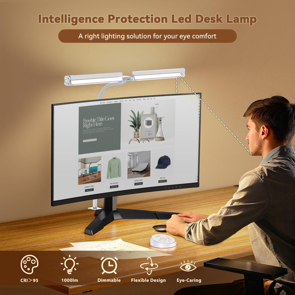 Led Desk Lamp with Clamp: Architect Desk Lamp for Home Office, Eye Caring Double Head Computer Monitor Work Desk Light with Remote Control - 24W Flexible Dimmable Desktop Table Lamp White