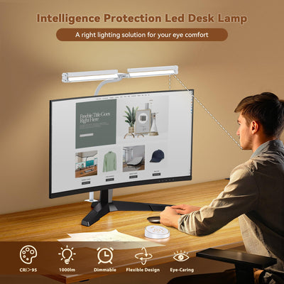 Led Desk Lamp with Clamp: Architect Desk Lamp for Home Office, Eye Caring Double Head Computer Monitor Work Desk Light with Remote Control - 24W Flexible Dimmable Desktop Table Lamp White