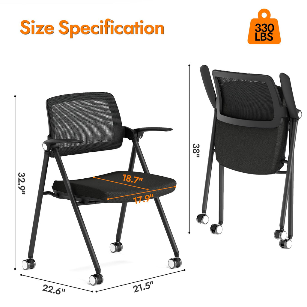 Stackable & Foldable Office Chair Set of 2, Folding Desk Chair with Flip-Up Armrest, Breathable Mesh, Thick Seat Cushion & Rocking Backrest, Conference Room Chair with Wheel (Black)