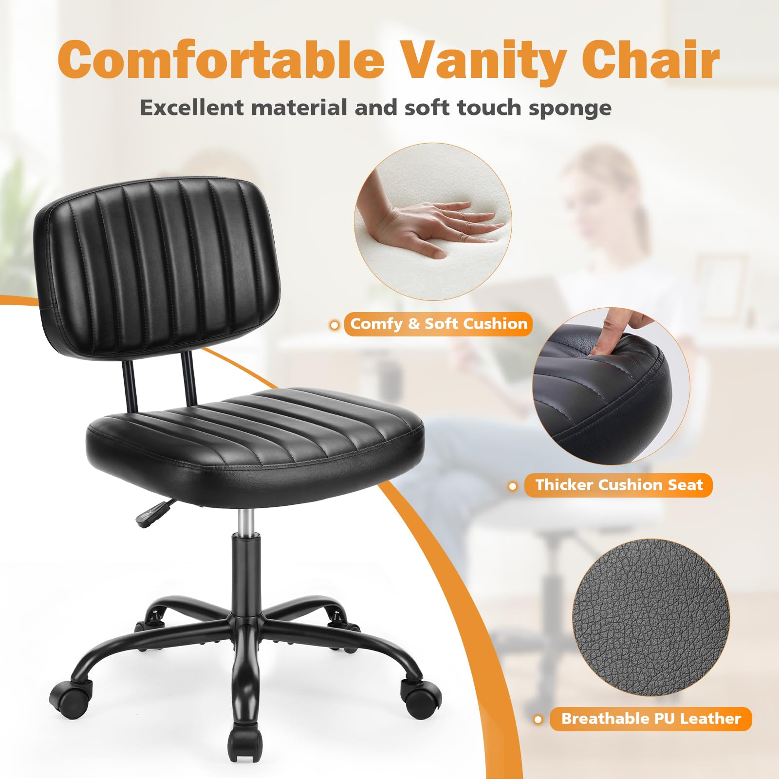 Small Office Desk Chair - Armless PU Leather with Comfy Lumbar Support, Height Adjustable Rolling Swivel Task for No Arms, for Adult, Student, Bedroom, Home, Vanity, Black