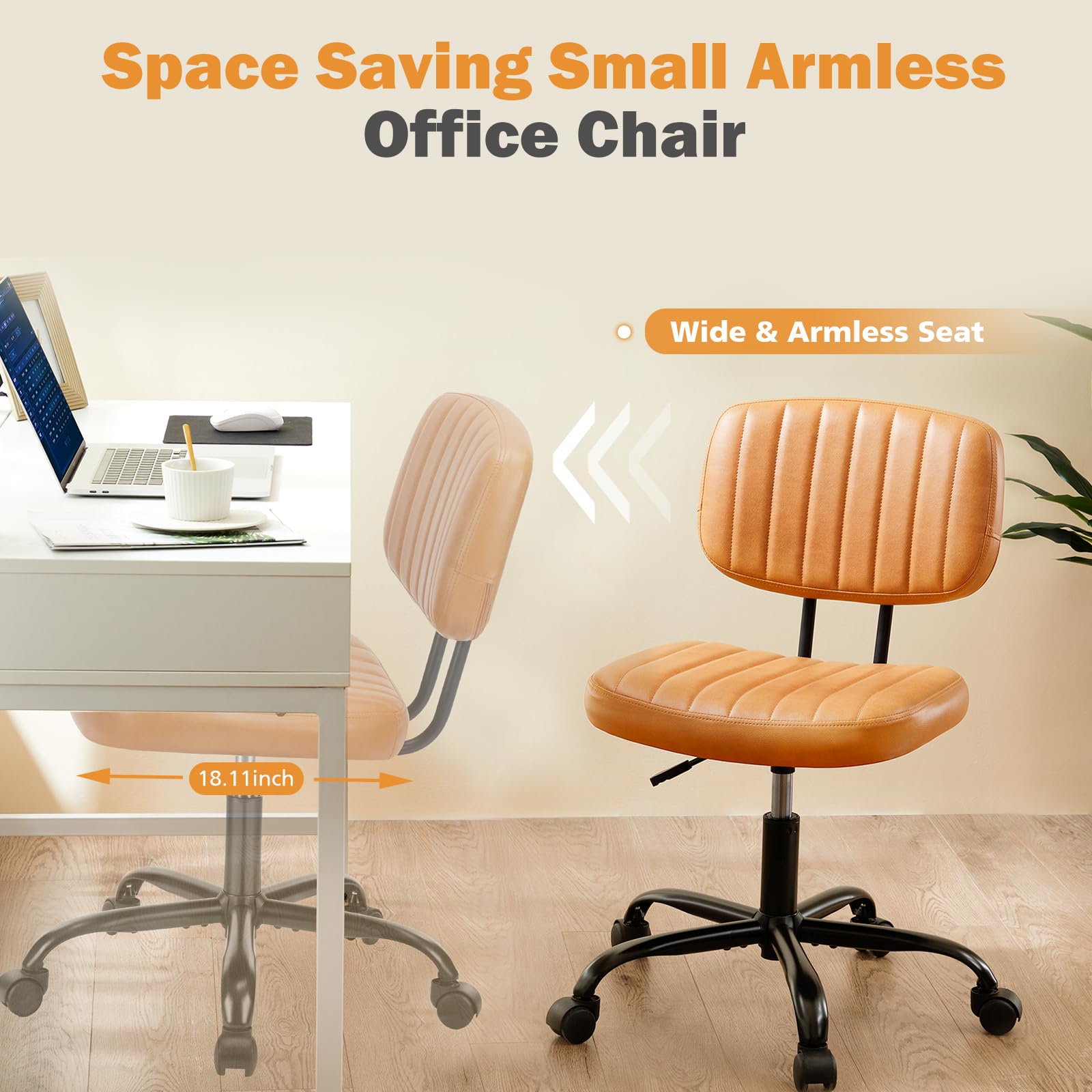 Small Office Desk Chair - Armless PU Leather with Comfy Lumbar Support, Height Adjustable Rolling Swivel Task for No Arms, for Adult, Student, Bedroom, Home, Vanity, Brown