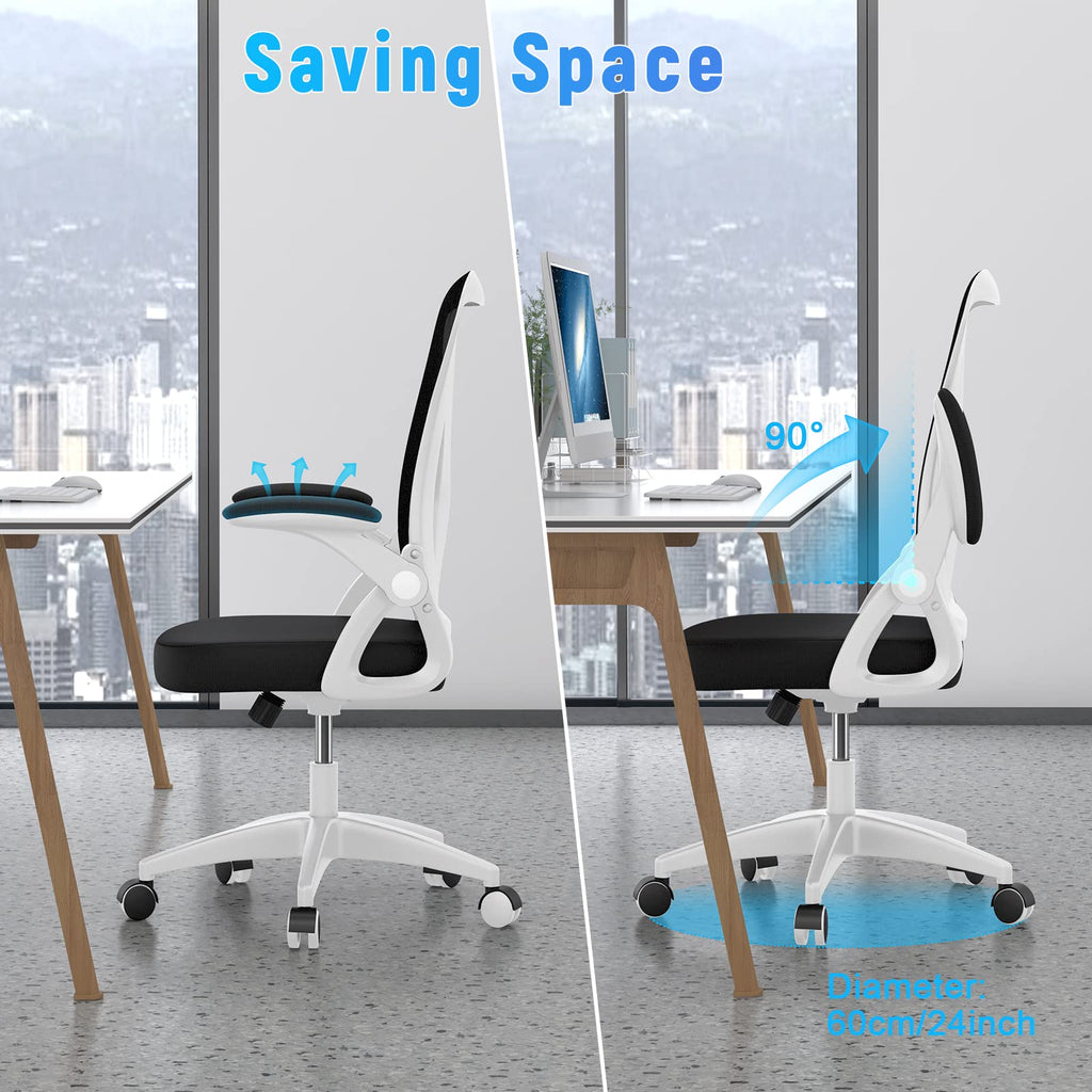 Ergonomic Office Chair, Mid-Back Computer Chair with Adjustable Height, Flip-Up Arms and Lumbar Support, Breathable Bright White Mesh Desk Chair for Home Study Working