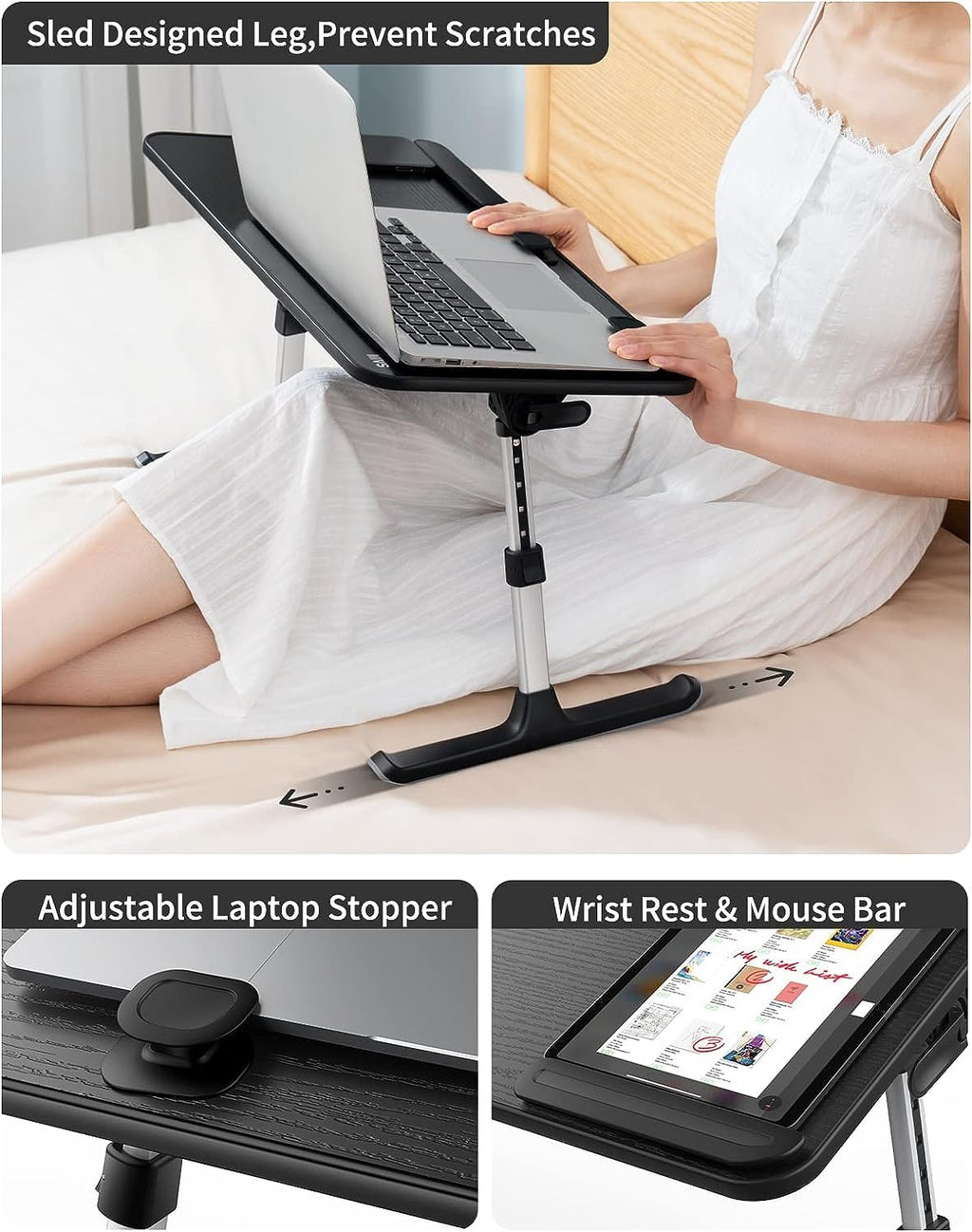 Height & Angle Adjustable Laptop Stand for Bed, Lap Desk Bed Tray Table, Light Weight Foldable Portable Laptop Table for Couch Sofa Chair Floor Desk for Adults, Kids (Black)
