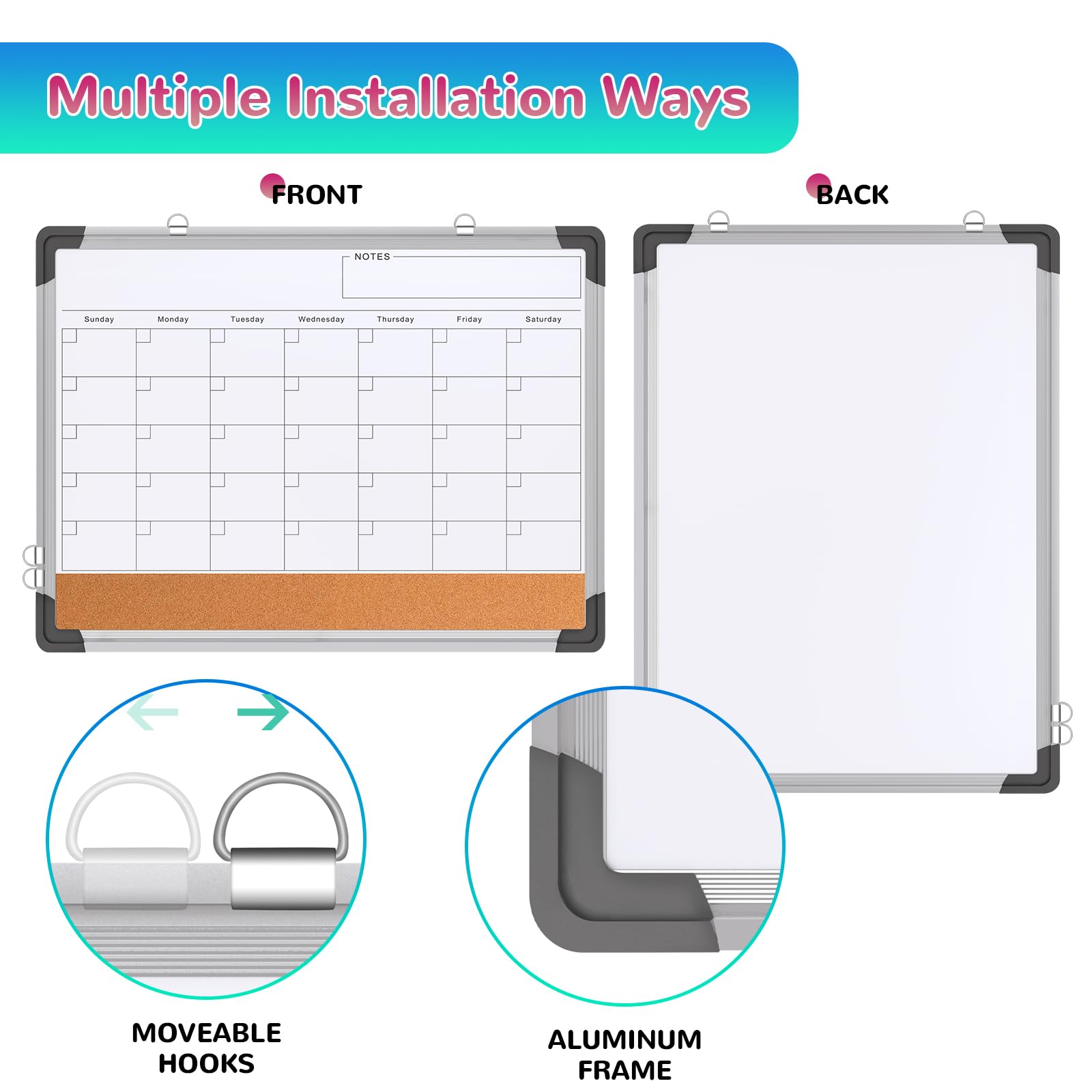 Monthly Calendar Whiteboard for Wall, 24x18 Inches Dry Erase Board with Cork Board Combo, Magnetic White Board, Double-Sided Hanging Portable Board for Office School Home Kitchen Planner Memo