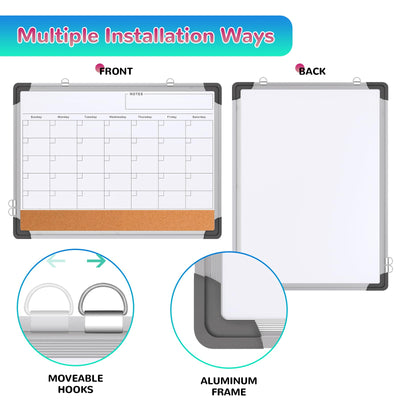 Monthly Calendar Whiteboard for Wall, 24x18 Inches Dry Erase Board with Cork Board Combo, Magnetic White Board, Double-Sided Hanging Portable Board for Office School Home Kitchen Planner Memo