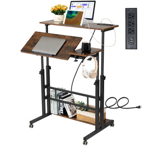 Mobile Standing Desk Adjustable Height, Rolling Desk Stand Up Desk, Mobile Laptop Desk, Rolling Computer Desk with Charging Station, Portable Desk with Wheels, Rustic Brown