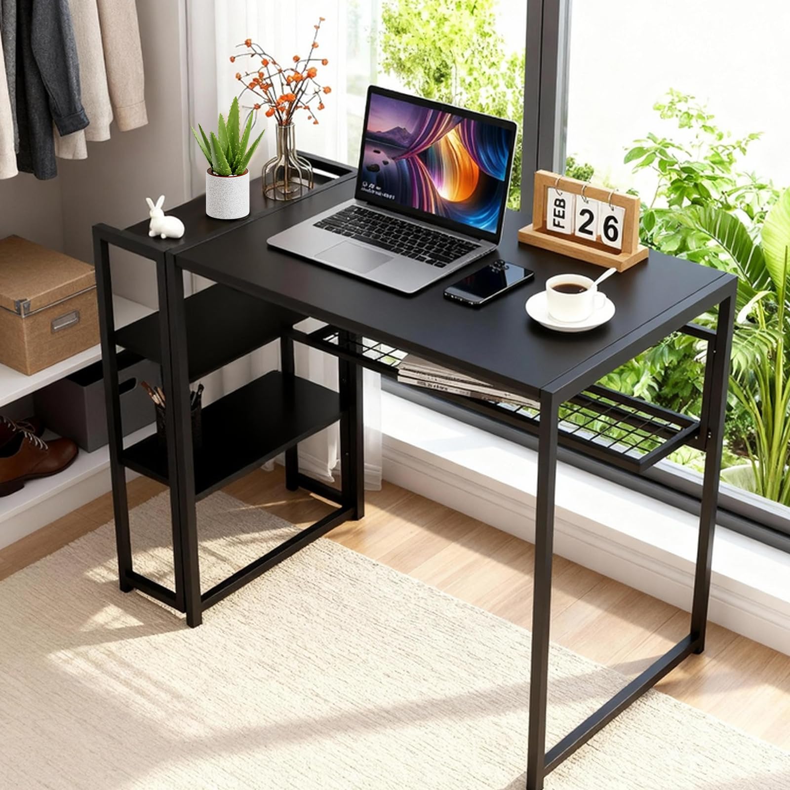 35 inch Folding Desk Writing Computer Desk with Storage Shelf,Spaces Saving Writing Sturdy Table No Assembly,for for Bedroom, Home Office, Dorm, Apartment, Black