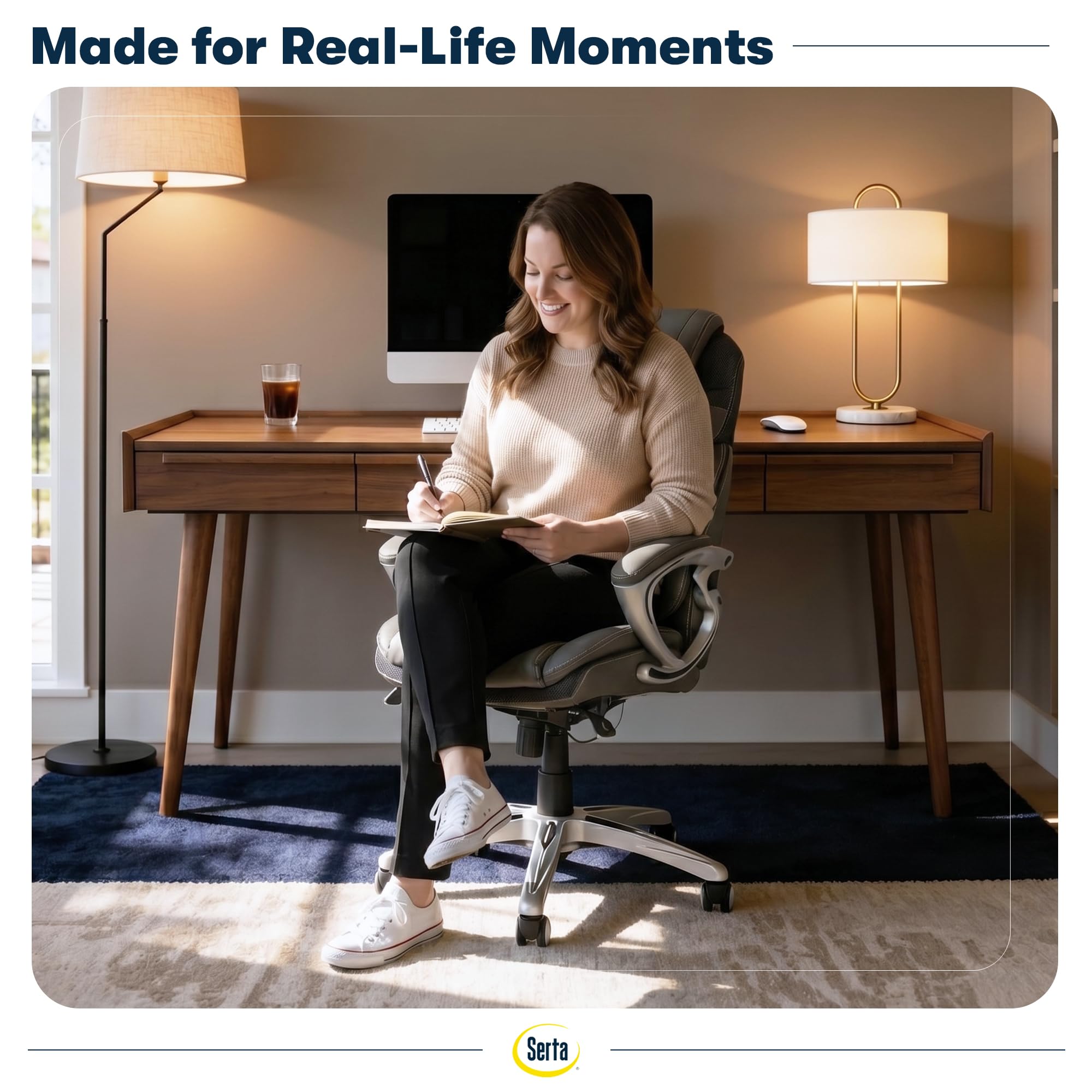 Executive Office Chair - Ergonomic Computer Desk Chair with Patented AIR Lumbar Technology - Adjustable Height - Memory Foam Body Pillows - 360° Swivel Rolling Base - Bonded Leather - Gray