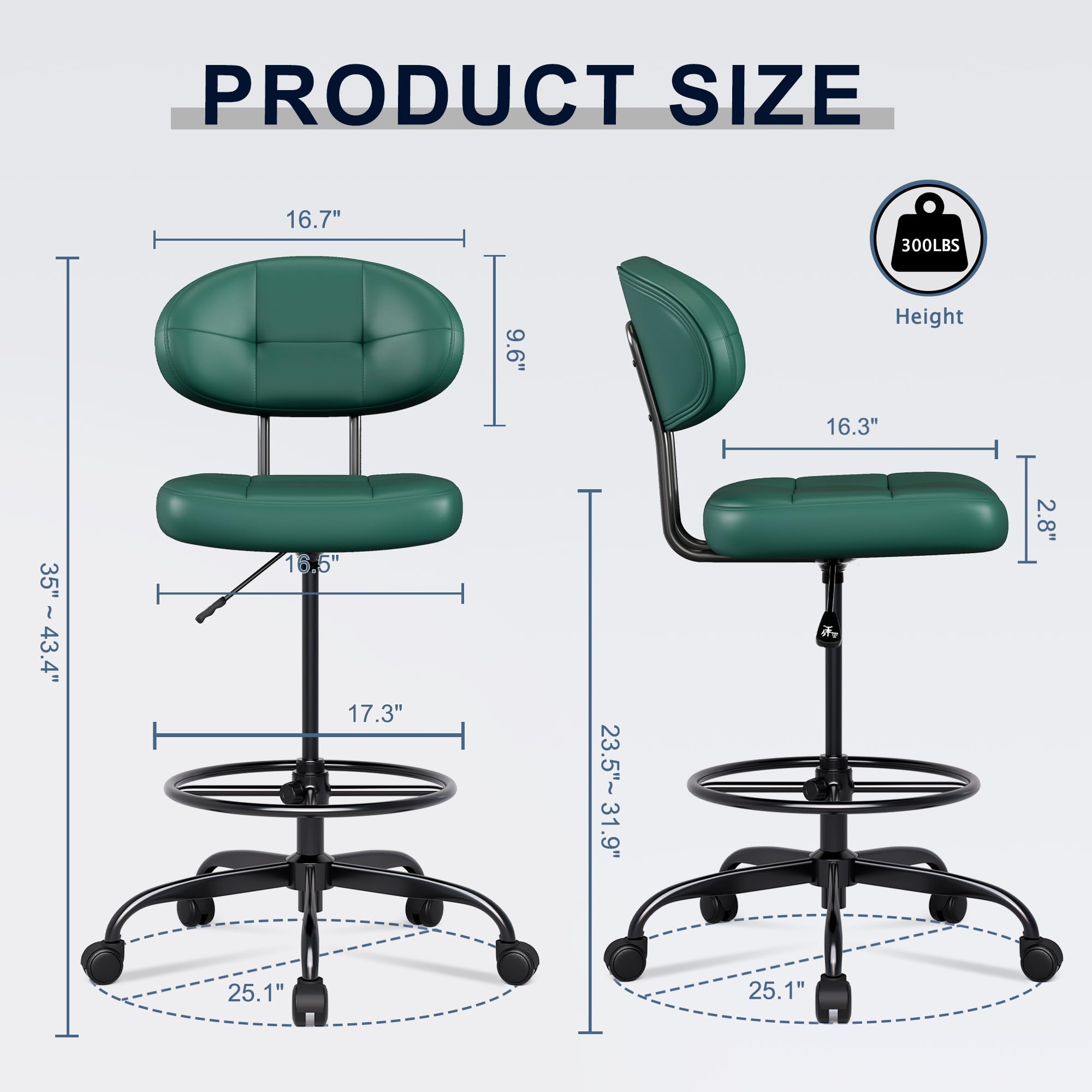 Drafting Chair, Armless Tall Office Chair with Footrest Ring for Standing Desk, Small Faux Leather Executive Computer Chair with Adjustable Height for Bar Lab Counter Height Desk, Green