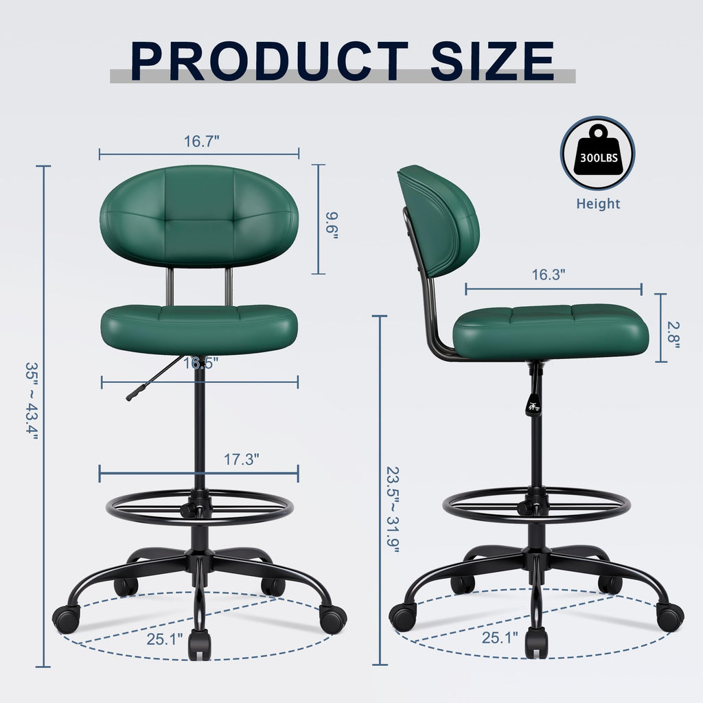 Drafting Chair, Armless Tall Office Chair with Footrest Ring for Standing Desk, Small Faux Leather Executive Computer Chair with Adjustable Height for Bar Lab Counter Height Desk, Green