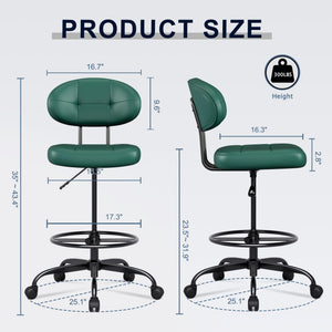 Drafting Chair, Armless Tall Office Chair with Footrest Ring for Standing Desk, Small Faux Leather Executive Computer Chair with Adjustable Height for Bar Lab Counter Height Desk, Green