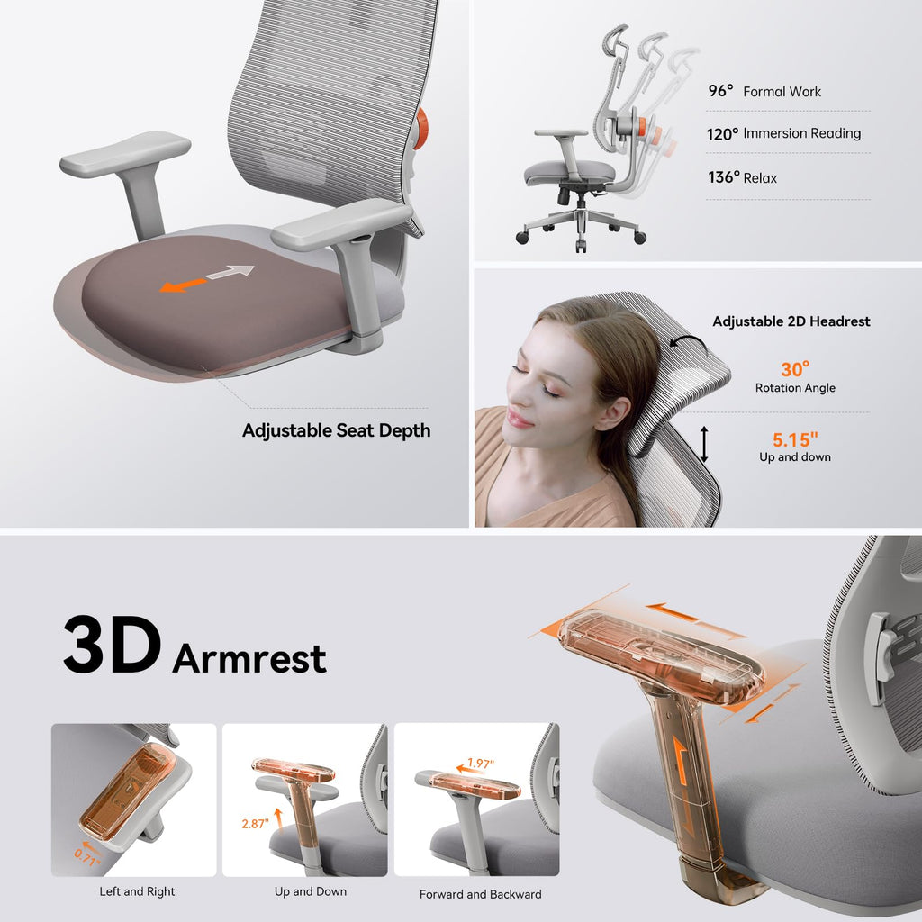 Ergonomic High-Back Office Chair, Home Office Desk Chair with Auto-Following Lumbar Support, Adjustable Headrest, 3D Armrest, Seat Depth & Heigh Adjustable, 96°-126° Recline