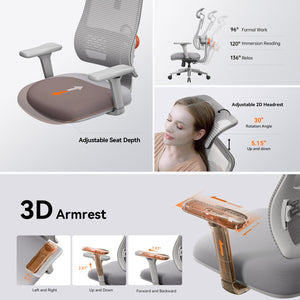 Ergonomic High-Back Office Chair, Home Office Desk Chair with Auto-Following Lumbar Support, Adjustable Headrest, 3D Armrest, Seat Depth & Heigh Adjustable, 96°-126° Recline