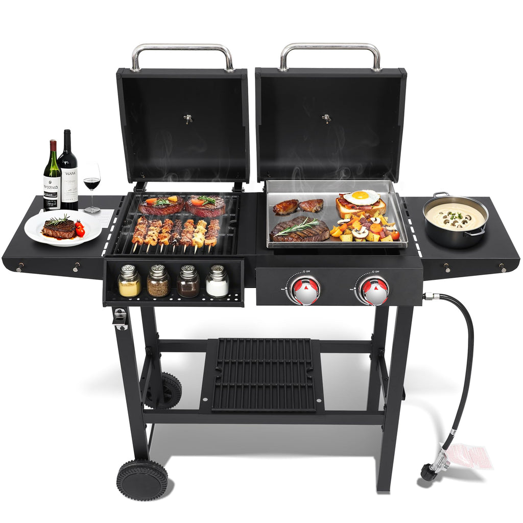 2 Burner Propane Gas & Charcoal Combo Grill with Griddle, 19100 BTU Outdoor BBQ Smoker BBQ Grill with Side Table, Cast Iron Grates, Temperature Gauge, Cart with Wheels