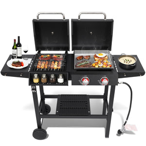 2 Burner Propane Gas & Charcoal Combo Grill with Griddle, 19100 BTU Outdoor BBQ Smoker BBQ Grill with Side Table, Cast Iron Grates, Temperature Gauge, Cart with Wheels