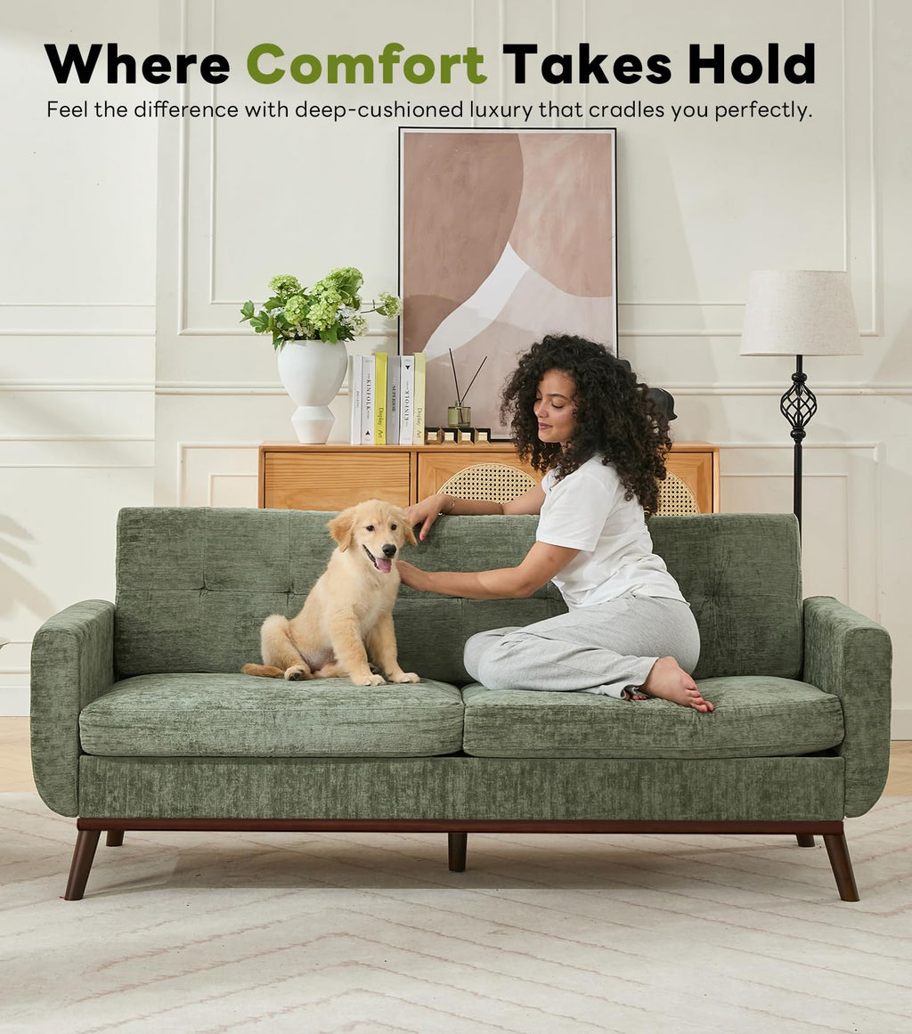 77.2" W Loveseat Sofa, Mid Century Modern Decor Love Seat Couches for Living Room, Button Tufted Upholstered Furniture, Solid & Easy to Install Small Couch for Bedroom Office Apartment, Green