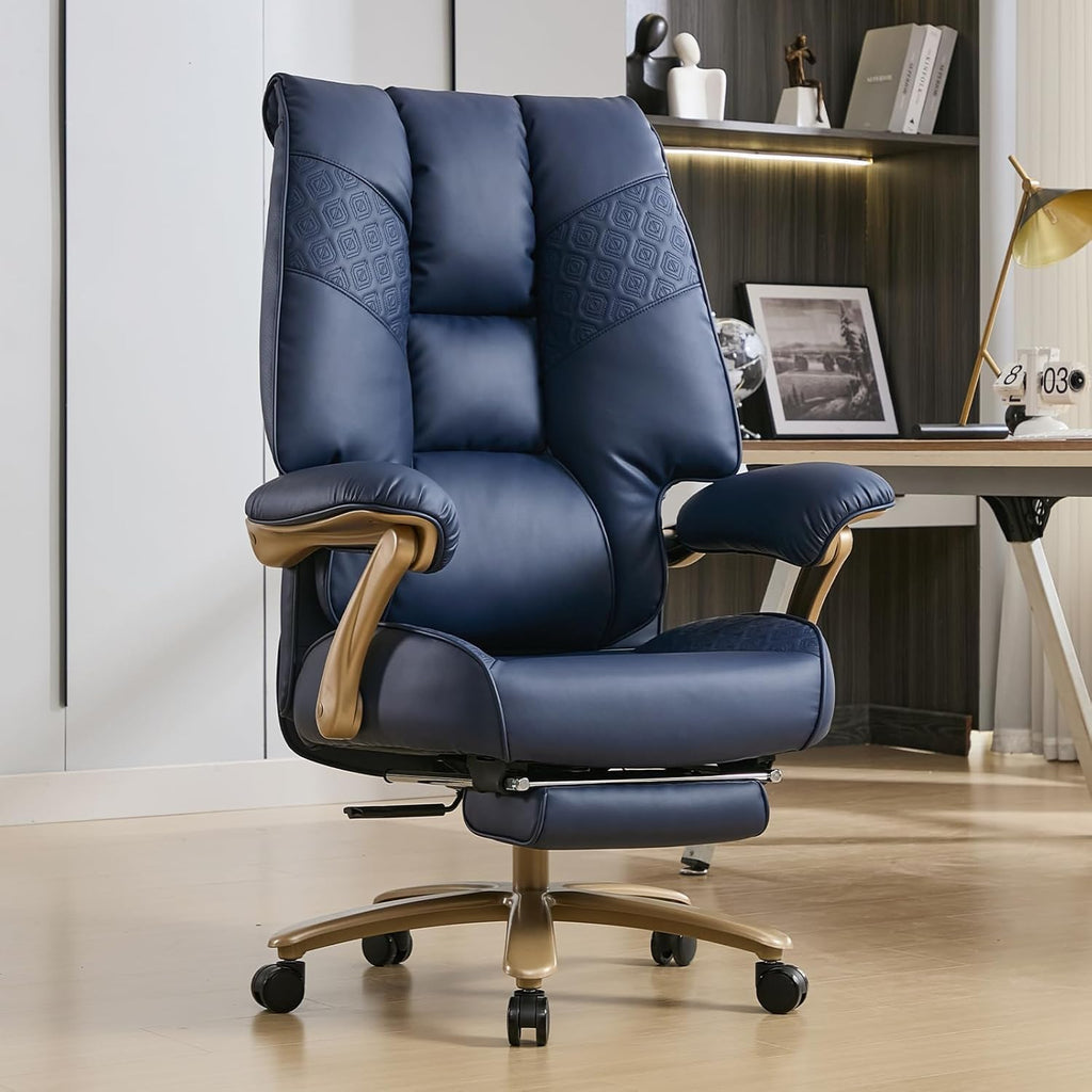 Big and Tall Executive Office Chair with Footrest, 400LBS Capacity Ergonomic High-Back Desk Office Chair with Lumbar Support, Padded Armrests & Thick Cushion, Blue PU Leather Chairs