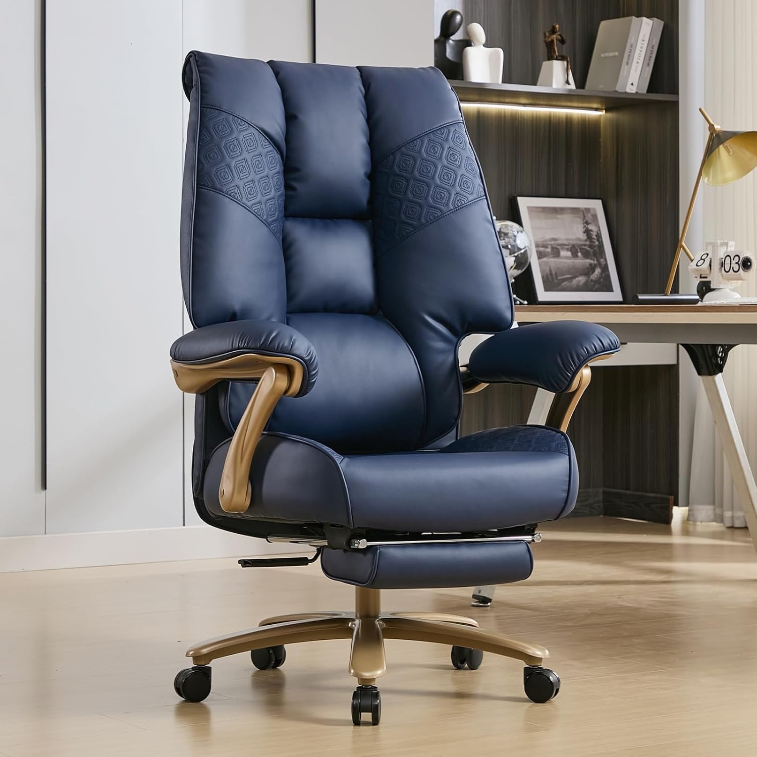 Big and Tall Executive Office Chair with Footrest, 400LBS Capacity Ergonomic High-Back Desk Office Chair with Lumbar Support, Padded Armrests & Thick Cushion, Blue PU Leather Chairs