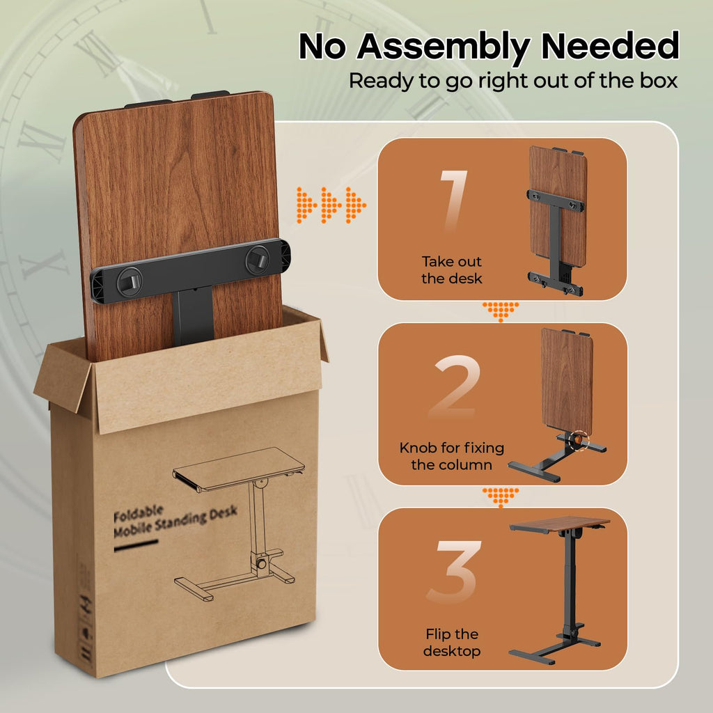 Foldable Mobile Standing Desk, 27 Inch Small Rolling Laptop Cart Height Adjustment, 90° Tiltable Bedside Table, No Assembly Needed Portable Computer Workstation, Dark Wood