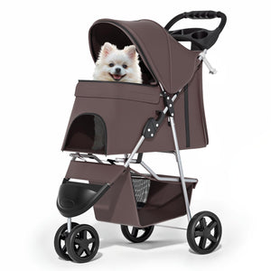 Foldable Dog Strollers for Small Dogs with Weather Cover, 3 Wheels Pet Strolling Cart for Dogs and Cats with Storage Basket and Cup Holder, Breathable and Visible Mesh for All-Season, Coffee