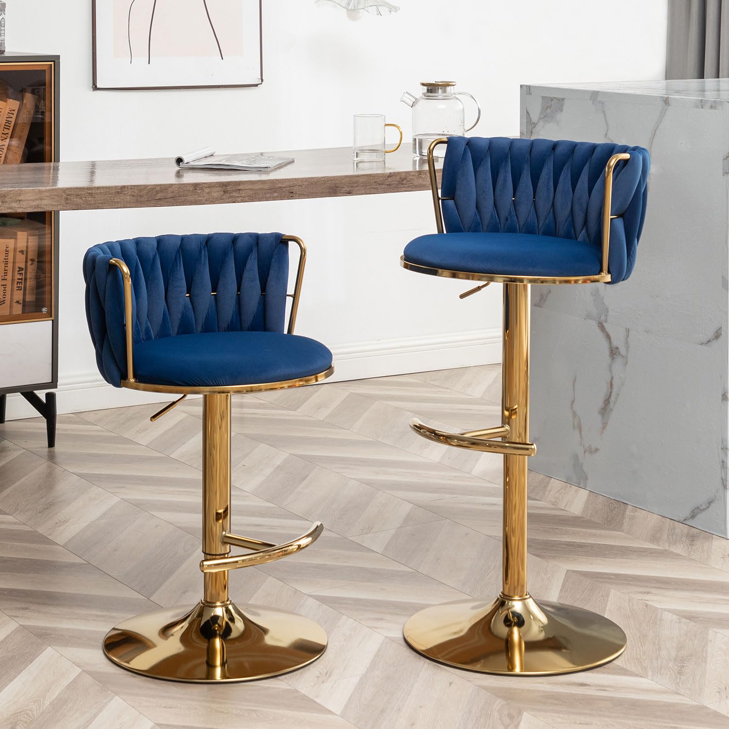 Gold Velvet Bar Stools Set of 2, Swivel Counter Height Bar Stools with Back, Adjustable Woven Barstools for Kitchen Island, Pub, Club (Blue)