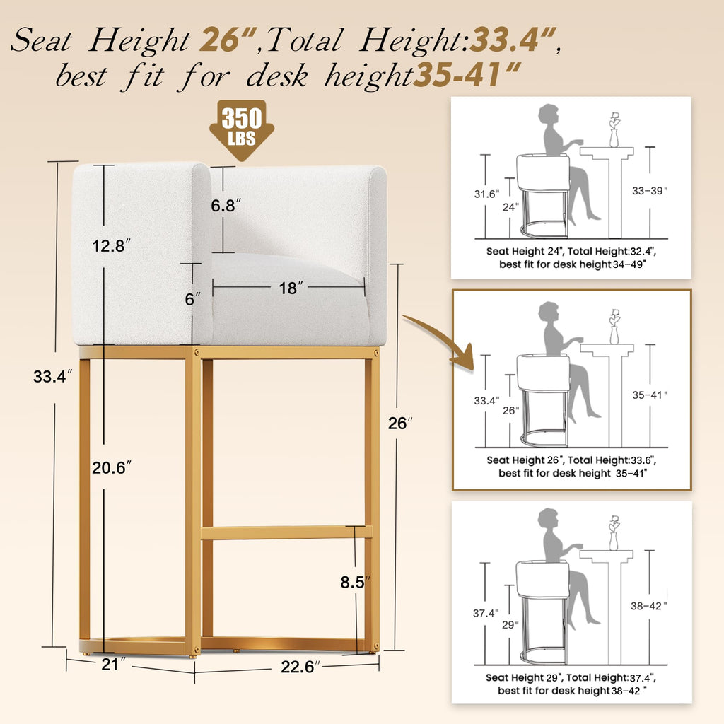 26" Modern Counter Height Bar Stools,Fabric Upholstered Barrel Barstools with Backs,Island Chairs bar stools Set of 1,Metal Gold Frames,Off White Linen