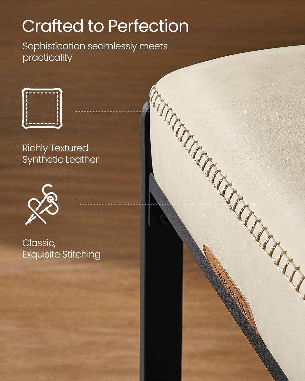 Bar Stools Set of 2, Counter Height Bar Stools, Synthetic Leather with Stitching, Mid-Century Modern Counter Stools, 26-Inch Tall, Kichen Home Bar Dining Room, Cream White