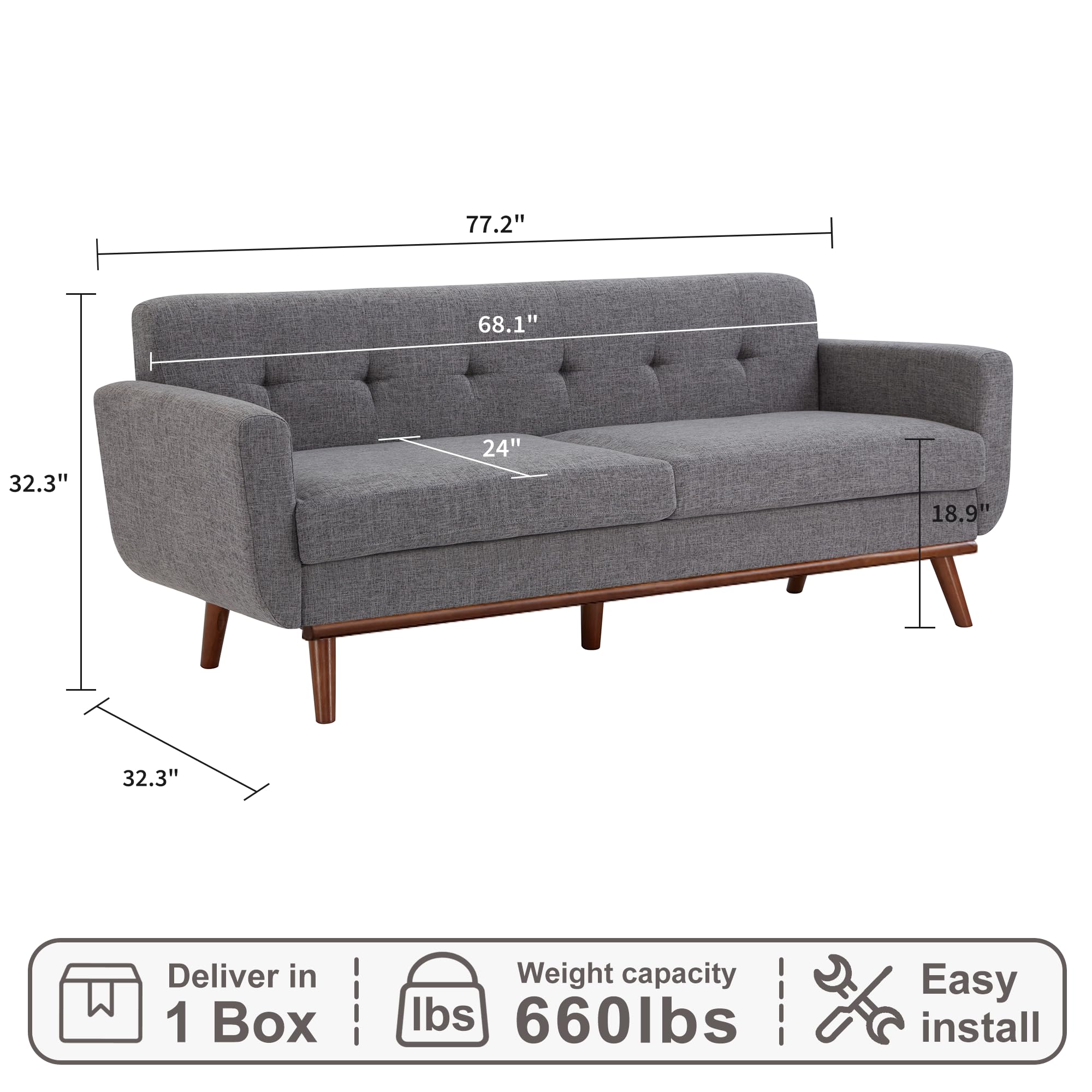 77.2" W Loveseat Sofa, Mid Century Modern Decor Love Seat Couches for Living Room, Button Tufted Upholstered Furniture, Solid & Easy to Install Small Couch for Bedroom Office Apartment, Gray