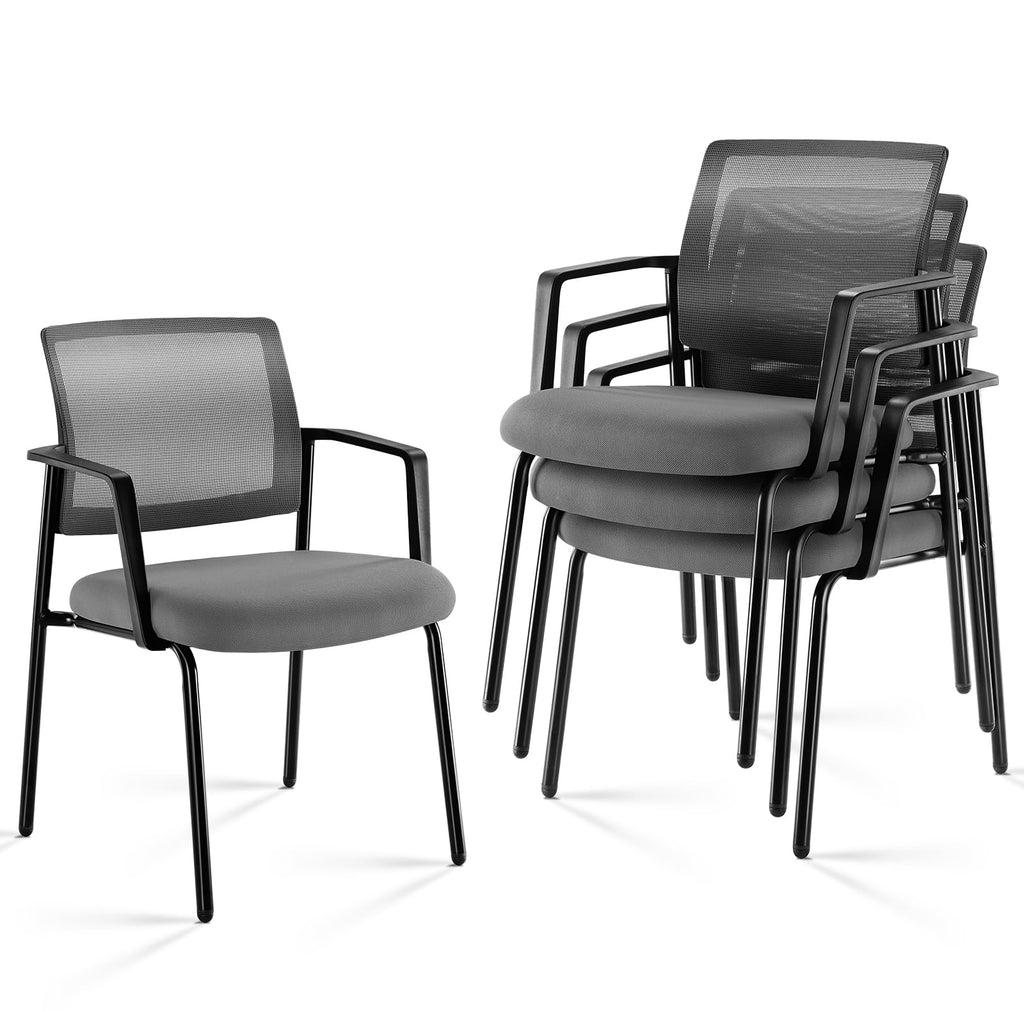 4 Pack, Grey, Stackable Mesh Guest Visitor Reception Chairs - Ergonomic Lumbar Support for Waiting Conference Meeting Room, Office School Lobby and Church, Space Saving,