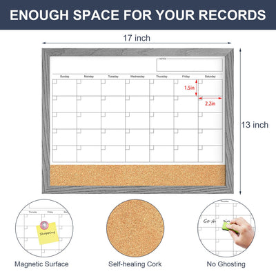 Calendar Whiteboard for Wall, 17x13 Inches Dry Erase Calendar Cork Board Combo, Magnetic Monthly White Board with Wood Framed, Hanging Dry Erase Board for Home Kitchen Office Planner Memo