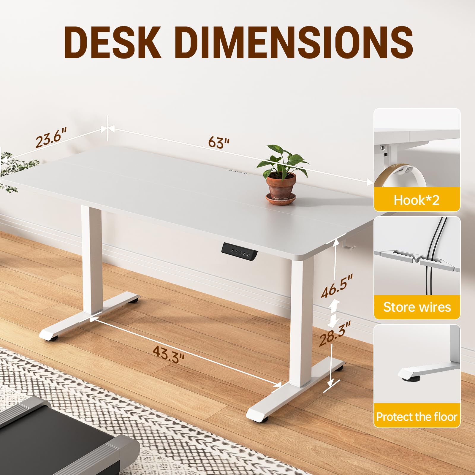 63x23.6 Inch Large Electric Standing Desk, Heights Adjustable,Sit to Stand Up, Work Home Office Computer Table for Walking Pad, Wooden Desktop Desks, White